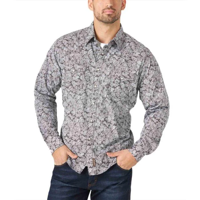 Men's short-sleeve stylish sleek-neutral-casual-wide-white top-Retro Premium Long Sleeve Print Shirt - Charcoal Paisley