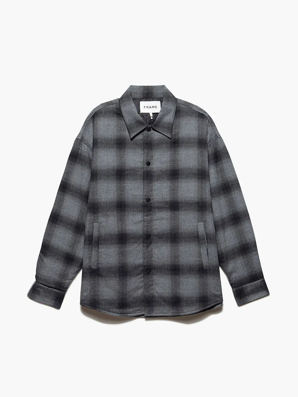 Men's short-sleeve modern smooth-chest-pocket shirt-Frame - Men’s LW Padded Plaid Overshirt Black/Grey Plaid