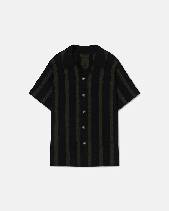 Men's short-sleeve subtle soft-lush-bamboo shirt-Ziko - Sale Striped Terry-Knit Shirt - Stripe Dark Khaki Black