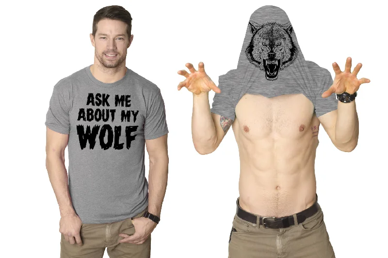 Men's short-sleeve subtle soft-cookout top-Ask Me About My Wolf Flip Men's Tshirt