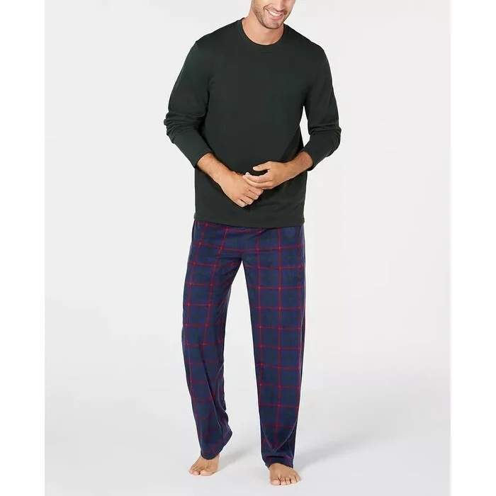 men's pleated travel black pants-Club Room Men's Plaid Fleece Pajama Set Green Size Medium - M