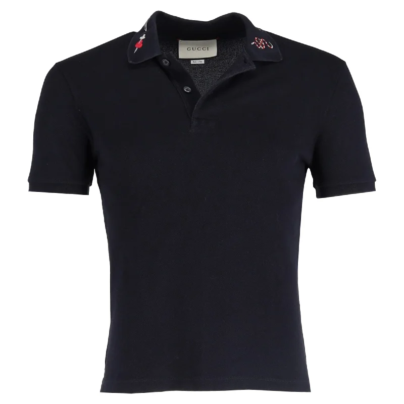 Men's short-sleeve soft trendy-bright-deep-tailgate shirt-Gucci Embroidered Detail Polo Shirt in Navy Blue Cotton