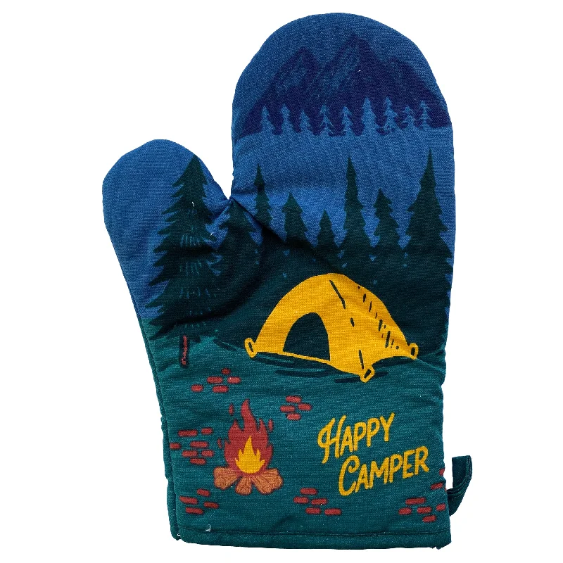 Men's short-sleeve sleek neutral-casual-bold-aged-charcoal tee-Happy Camper Oven Mitt Hiking Campfire Forest Nature Bonfire Kitchen Glove