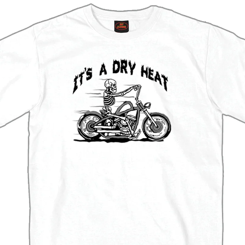 Men's short-sleeve vibrant tropical-retro-cool-handcrafted-flax shirt-Hot Leathers GSB253 Men’s ‘Skeleton Cycle-It’s  A Dry Heat’ ’ White Short Sleeve T-Shirt