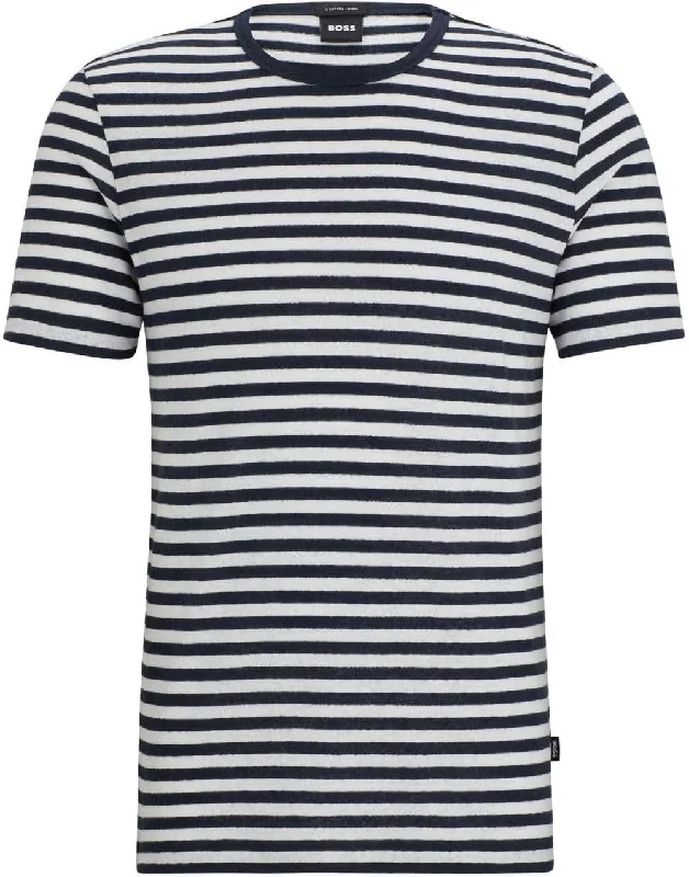 Men's short-sleeve rich boxy-swirl top-Hugo Boss Men's Tiburt 457 Striped Linen Short Sleeve Crew Neck T-Shirt, Navy/White