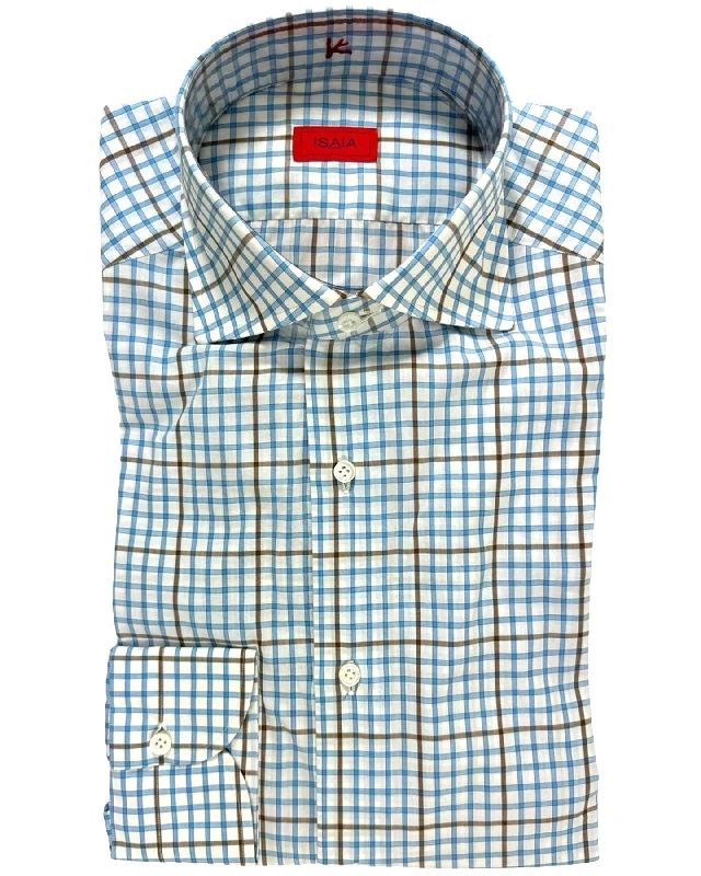 Men's short-sleeve cool breezy-linen shirt-Isaia Shirt White Blue Brown Check 39 - 15 1/2 Regular Fit SALE