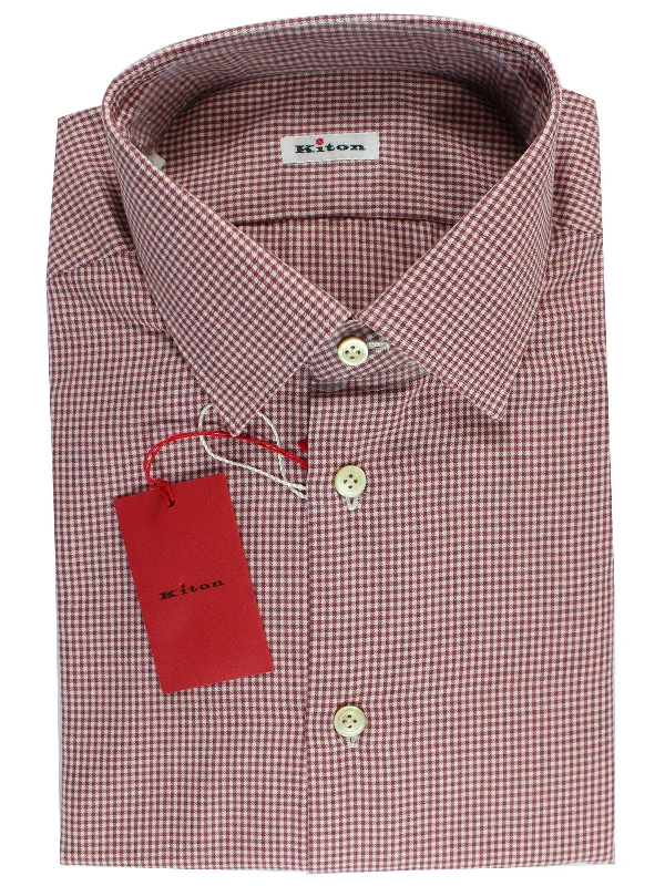 Men's short-sleeve subtle rally shirt-Kiton Dress Shirt Maroon White Check 44 - 17 1/2 SALE