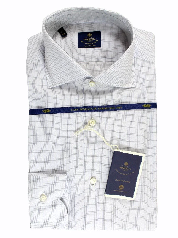 Men's short-sleeve classic angling shirt-Luigi Borrelli Dress Shirt ROYAL COLLECTION White Navy Grid 40 - 15 3/4 SALE