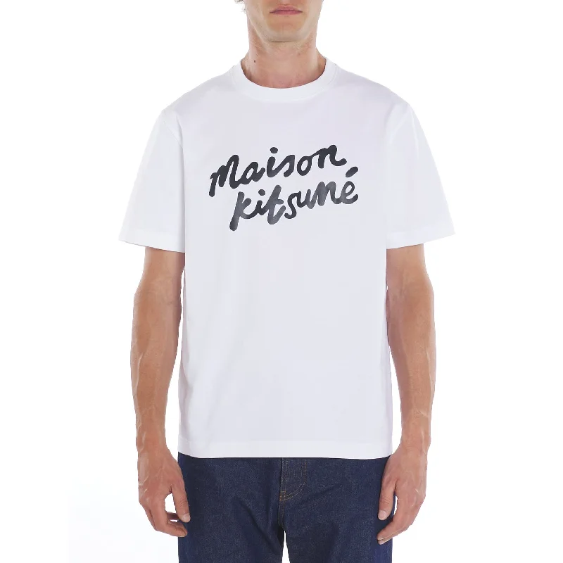 Men's short-sleeve neutral casual-wide-white shirt-Maison Kitsune Handwriting Comfort Tee Shirt White / Black