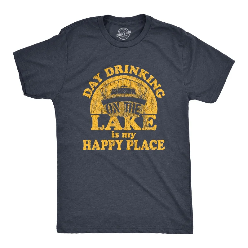 Men's short-sleeve smooth chest-pocket top-Mens Day Drinking On The Lake Is My Happy Place Tshirt Funny Summer Boating Vacation Graphic Tee