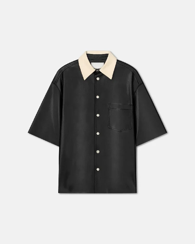 Men's short-sleeve classic muted-faded-denim shirt-Aksel - Denim-Trimmed Okobor™ Alt-Leather Shirt - Black