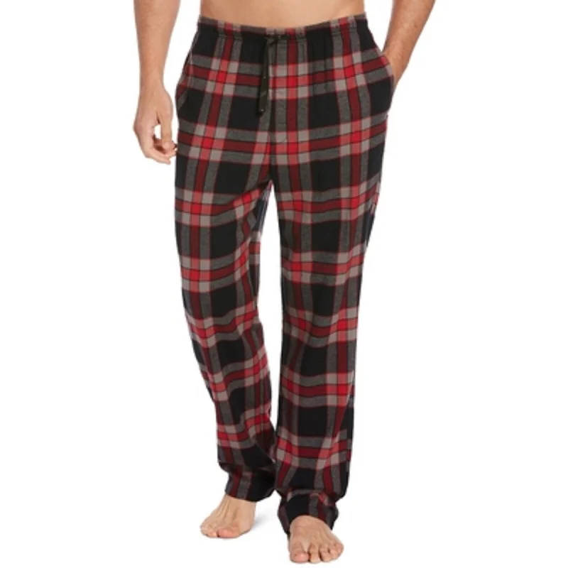 men's waterproof hiking brown pants-Perry Ellis Men's Windowpane Plaid Fleece Pants Red Size Small