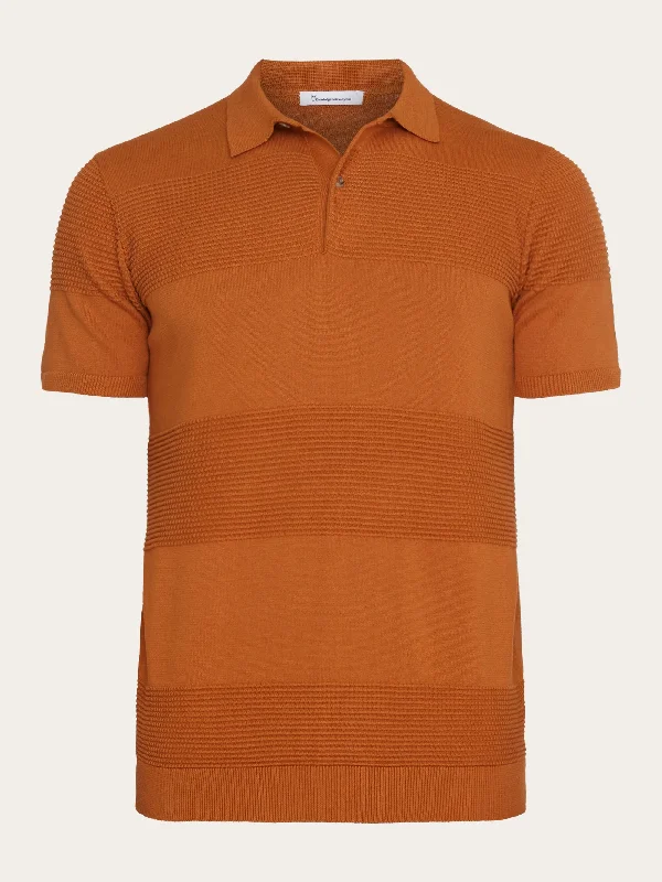 Men's short-sleeve vibrant tropical-retro-cool-handcrafted-flax shirt-Regular pattern knitted short sleeved polo - GOTS/Vegan - Leather Brown