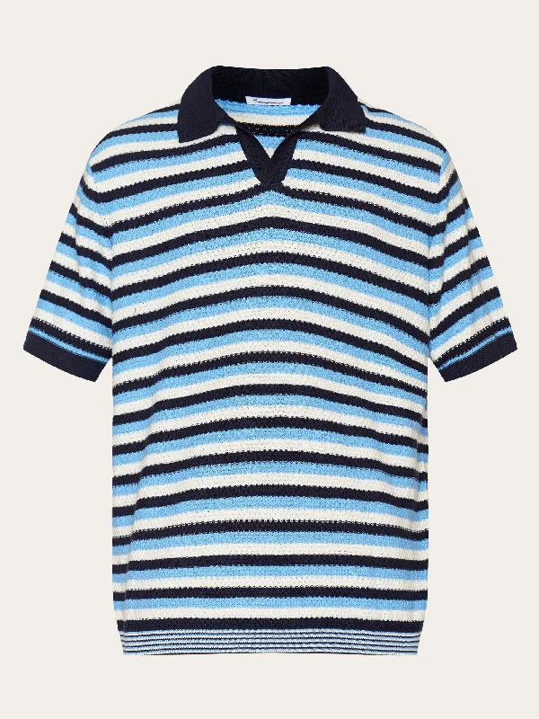 Men's short-sleeve modern vibrant-tropical-retro-canoeing tee-Regular short sleeve striped knitted polo - GOTS/Vegan - Blue stripe