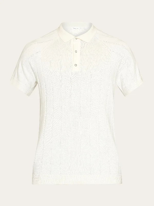 Men's short-sleeve subtle soft-trendy-bright-artisanal-hand-dyed shirt-Regular short sleeved striped knitted polo - GOTS/Vegan - Egret