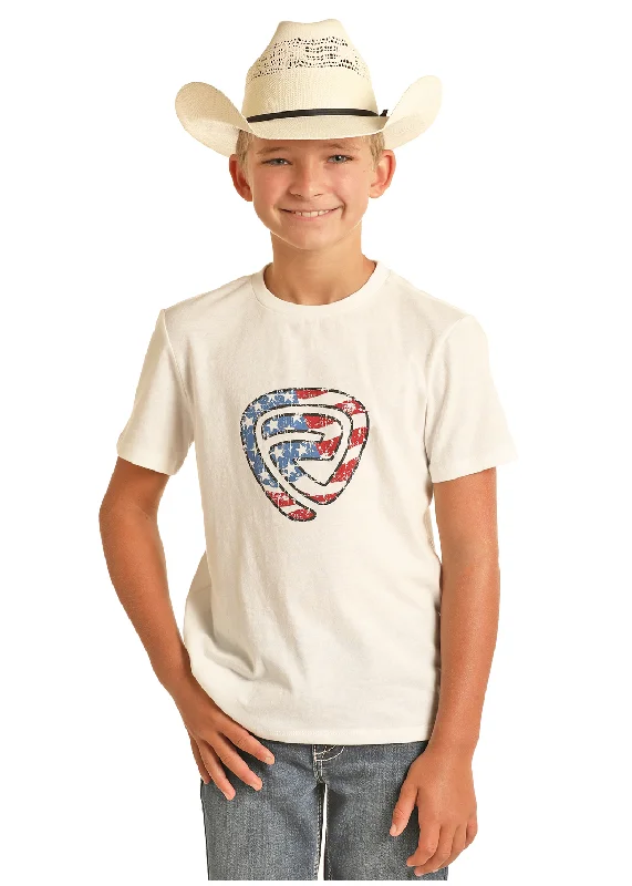 Men's short-sleeve sleek curved-hem shirt-Boy's Rock & Roll White T-Shirt #RRBT21R1C4