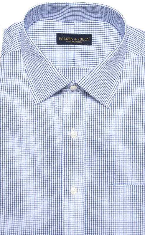 Men's short-sleeve bold rich-nightlife shirt-Slim Fit White Ground Blue Check Spread Collar Supima® cotton Non-Iron Pinpoint Oxford Dress Shirt