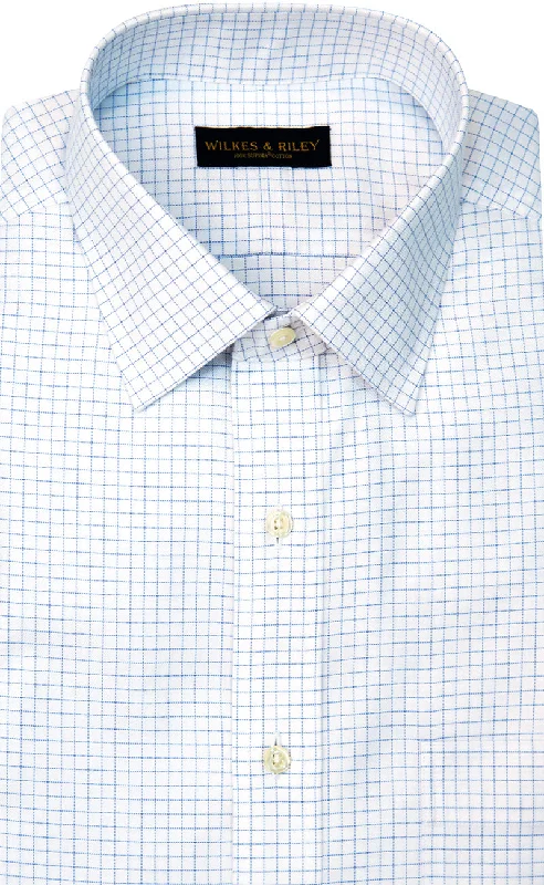 Men's short-sleeve bright deep-firm-canvas top-Slim Fit White Ground Blue twill Check Spread Collar Supima® Cotton Non-Iron Dress Shirt