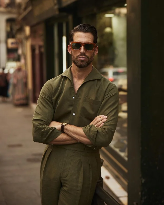 Summer Olive Linen Shirt with one piece collar placket