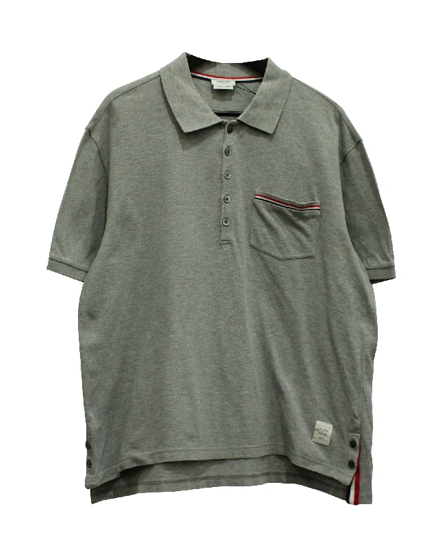 Men's short-sleeve classic jet black tee-Thom Browne Pocket Trim Pique Polo in Grey Cotton