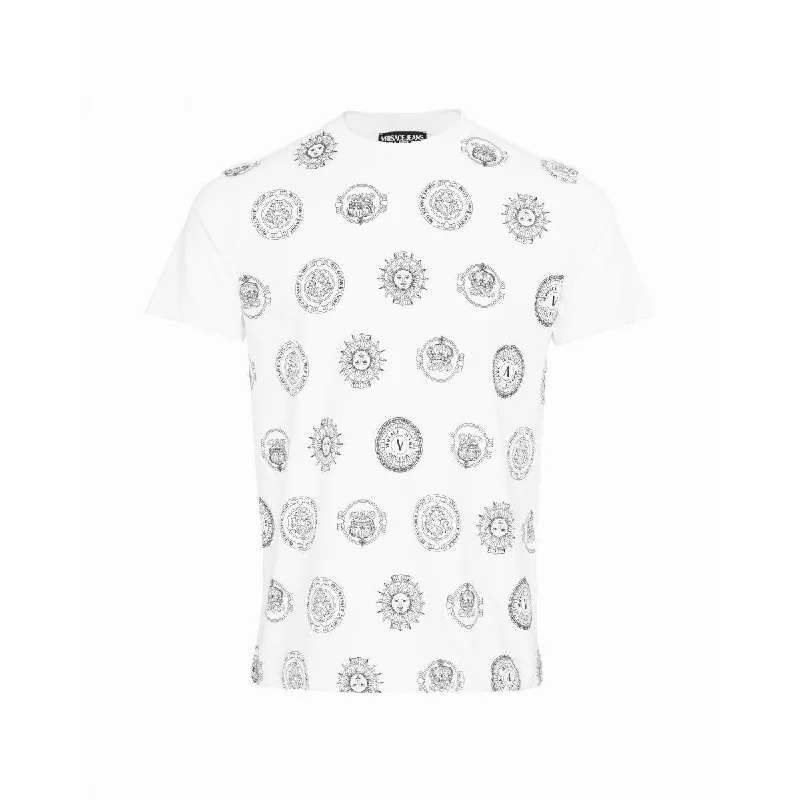 Men's short-sleeve warm ochre top-Versace Jeans Couture Men's White All Over Logo Short Sleeve Crew Neck T-Shirt