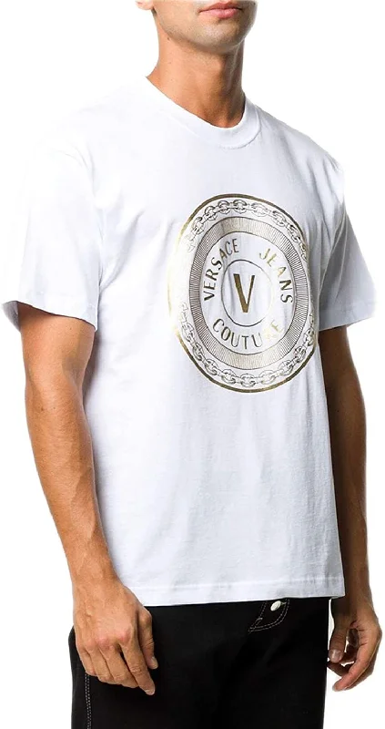 Men's short-sleeve rich gritty-hemp shirt-Versace Jeans Couture Men's White Gold Circle Logo Short Sleeve Crew Neck T-Shirt