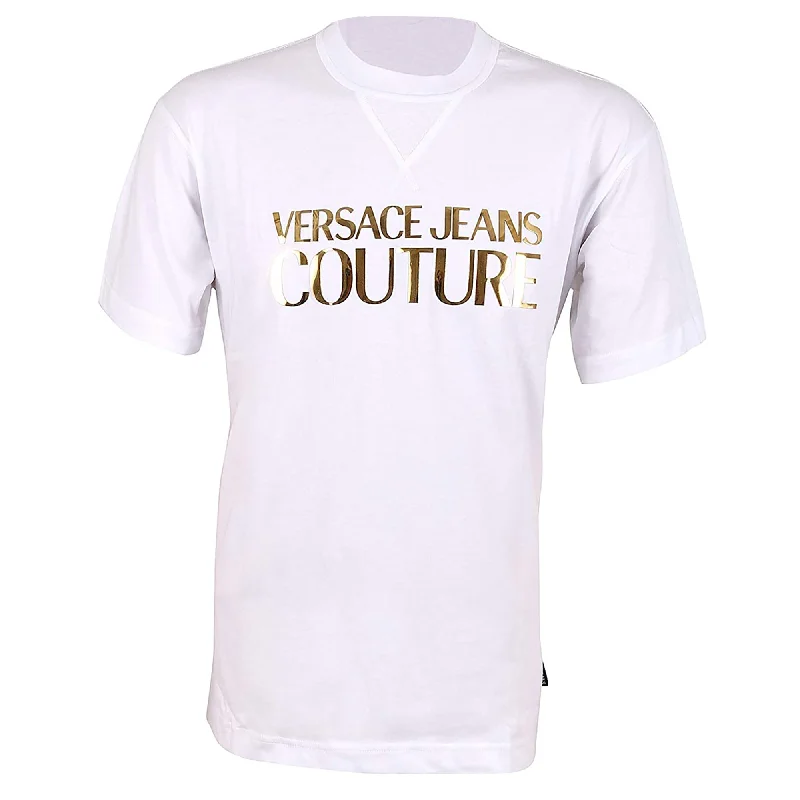 Men's short-sleeve stylish sharp-gray shirt-Versace Jeans Couture Men's White Gold Metal Logo Short Sleeve T-Shirt