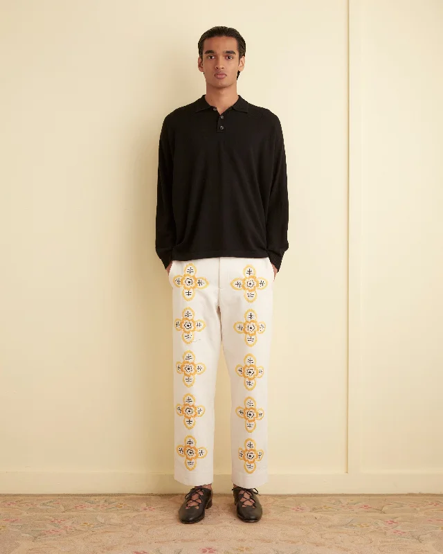 men's relaxed beach beige pants-Embroidered Buttercup Trousers