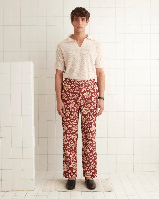 men's flat-front evening blue pants-Floral Corduroy Trousers