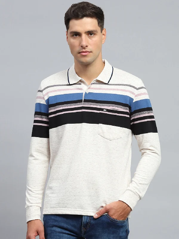 Men's short-sleeve trendy bright-deep-true-aqua tee-Men Black & White Stripe Collar Full Sleeve Winter T-Shirt