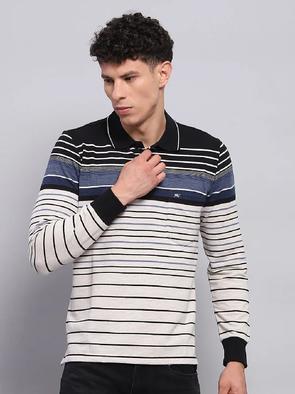 Men's short-sleeve stylish sleek-neutral-faint-taupe tee-Men Black & White Stripe Collar Full Sleeve Winter T-Shirt