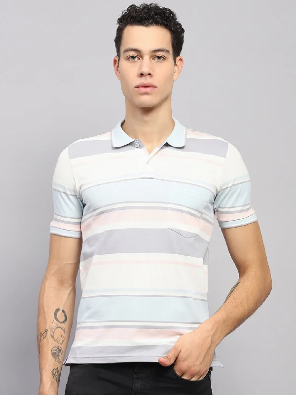 Men's short-sleeve soft trendy-bright-pure-white top-Men Blue & White Stripe Collar Half Sleeve T-Shirt