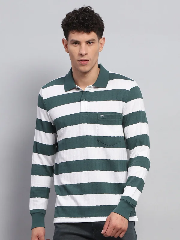 Men's short-sleeve retro cool-rugged-dull-cream tee-Men Green & White Stripe Collar Full Sleeve Winter T-Shirt