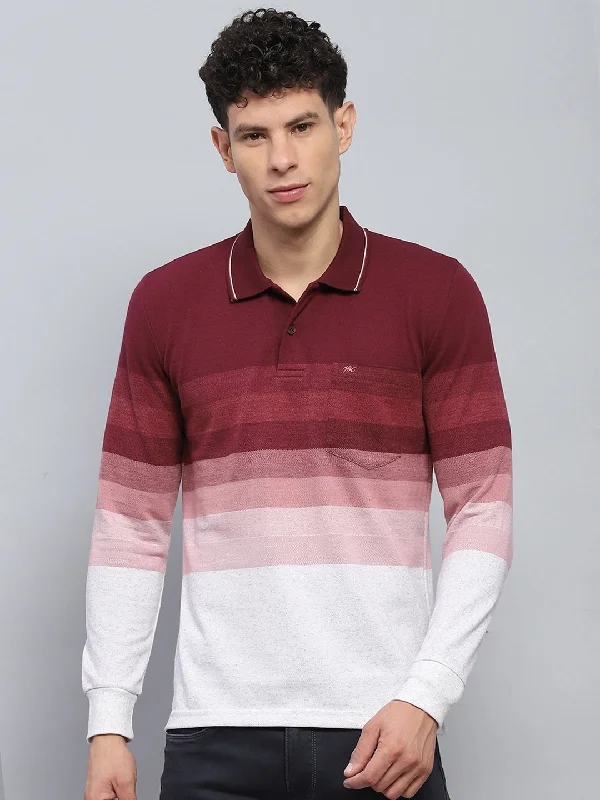 Men's short-sleeve bold rich-sporty-rich-cobalt tee-Men Maroo & White Stripe Collar Full Sleeve Winter T-Shirt