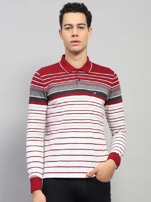 Men's short-sleeve fresh modern-vibrant-rare-gold tee-Men Maroo & White Stripe Collar Full Sleeve Winter T-Shirt