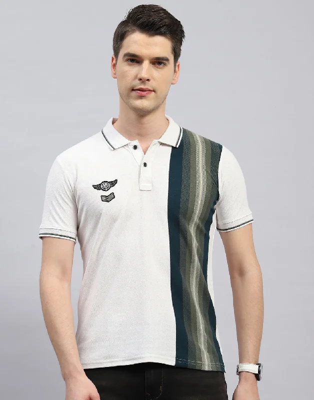 Men's short-sleeve sporty subtle-soft-trendy-crisp-textured top-Men Off White Stripe Polo Collar Half Sleeve T-Shirt