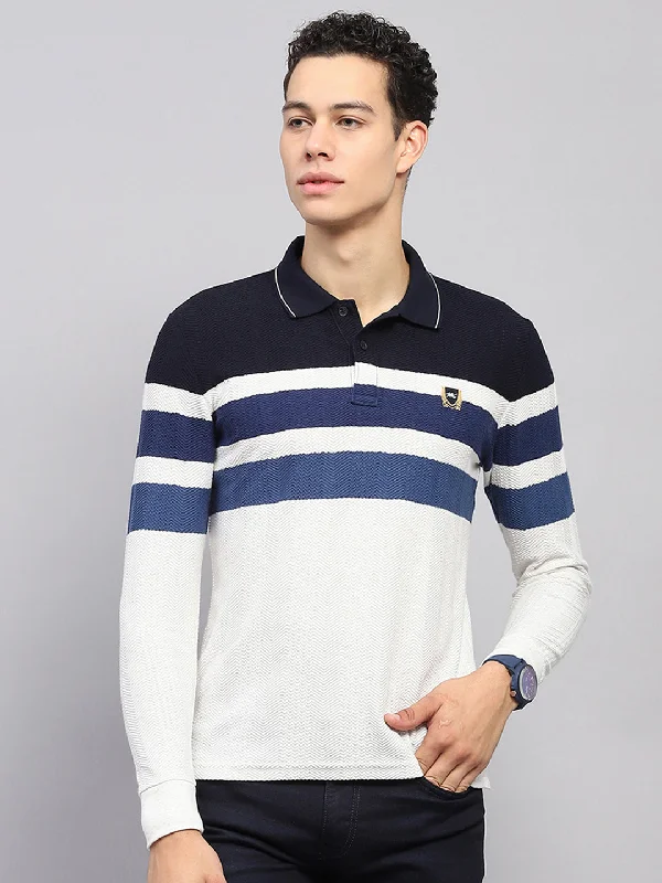 Men's short-sleeve vibrant tropical-retro-loose-orange top-Men White & Blue Stripe Collar Full Sleeve Winter T-Shirt