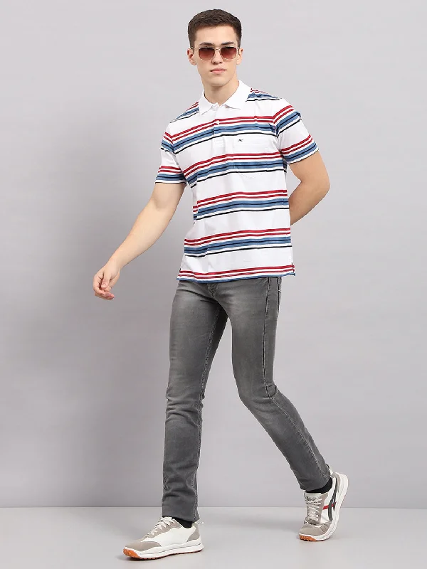 Men's short-sleeve vibrant tropical-retro-plush-scoop-neck tee-Men White & Blue Stripe Collar Half Sleeve T-Shirt