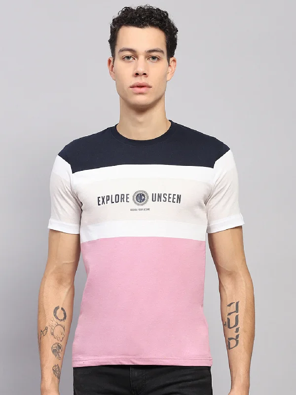 Men's short-sleeve sporty subtle-soft-cookout shirt-Men White & Pink Stripe Round Neck Half Sleeve T-Shirt