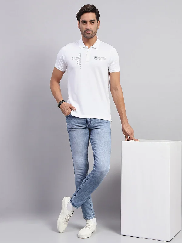 Men's short-sleeve soft trendy-bright-slim-cyan tee-Men White Printed Collar Half Sleeve T-Shirt