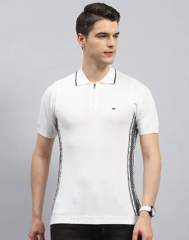 Men's short-sleeve classic jet black tee-Men White Printed Polo Collar Half Sleeve T-Shirt