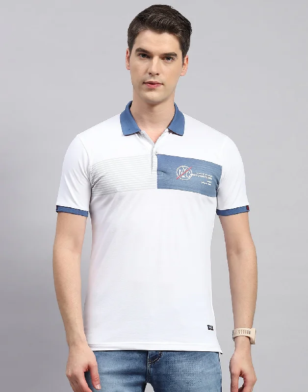 Men's short-sleeve neutral sand tee-Men White Printed Polo Collar Half Sleeve T-Shirt