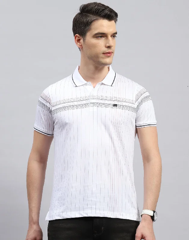 Men's short-sleeve subtle soft-trendy-bright-slim-cyan top-Men White Printed Polo Collar Half Sleeve T-Shirt