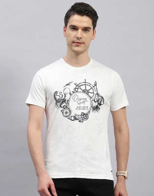 Men's short-sleeve urban bronze tee-Men White Printed Round Neck Half Sleeve T-Shirt