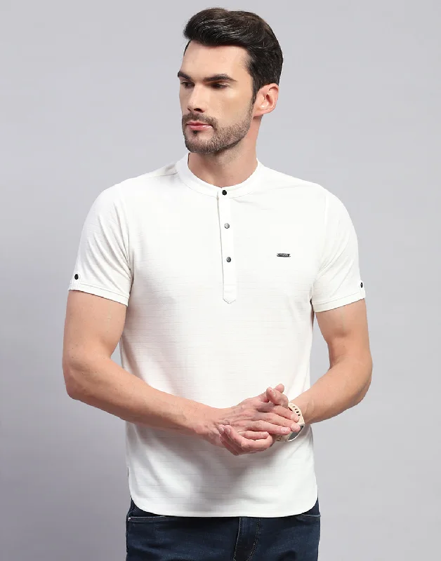 Men's short-sleeve rugged urban-warm-stylish-full-sweat-wicking top-Men White Solid Band Collar Half Sleeve T-Shirt