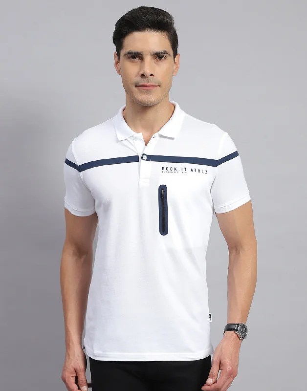 Men's short-sleeve boxy swirl tee-Men White Solid Collar Half Sleeve T-Shirt