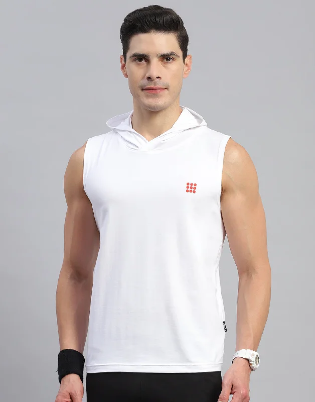 Men's short-sleeve rugged clay tee-Men White Solid Hooded Sleeveless T-Shirt