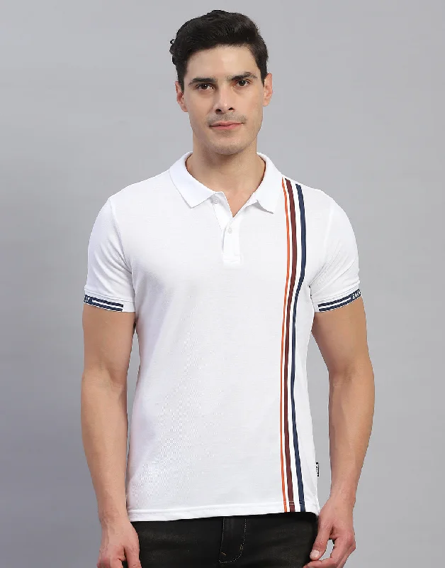 Men's short-sleeve crisp textured tee-Men White Stripe Collar Half Sleeve T-Shirt