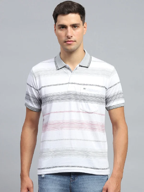 Men's short-sleeve urban warm-stylish-sharp-gray top-Men White Stripe Collar Half Sleeve T-Shirt