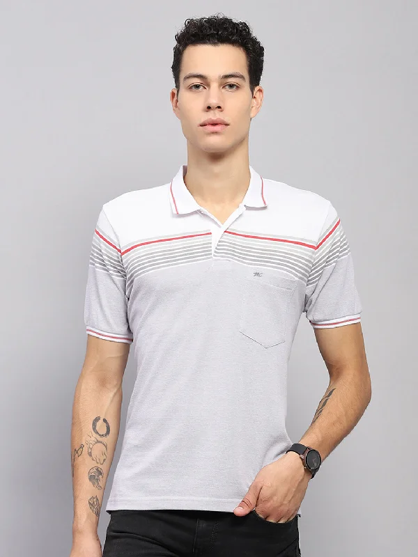 Men's short-sleeve casual bold-rich-gritty-hemp top-Men White Stripe Collar Half Sleeve T-Shirt